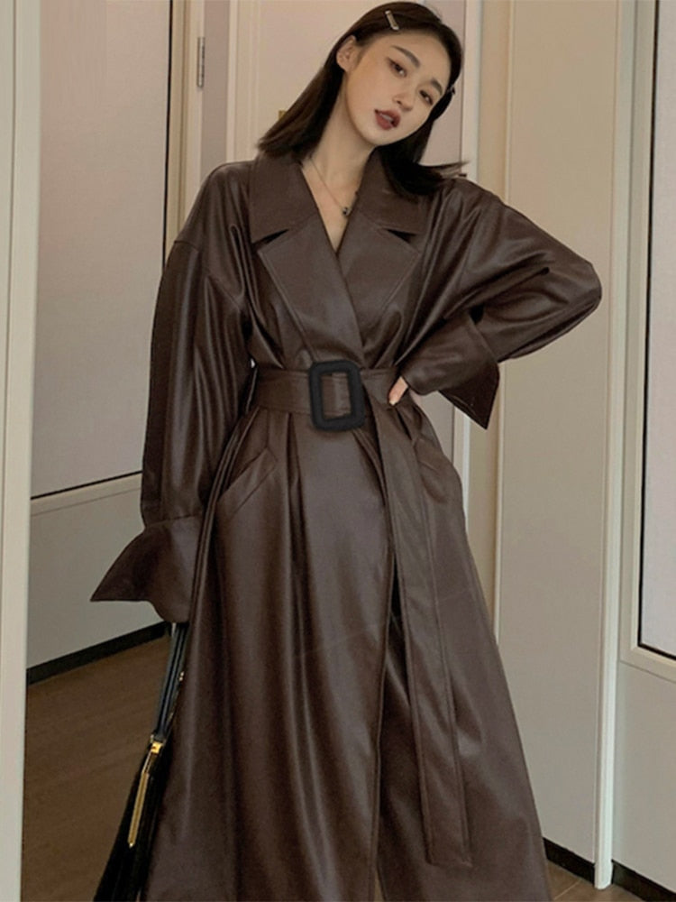 Lautaro Women's Oversized Leather Trench Coat - Long Sleeve, Belted, Fall Fashion