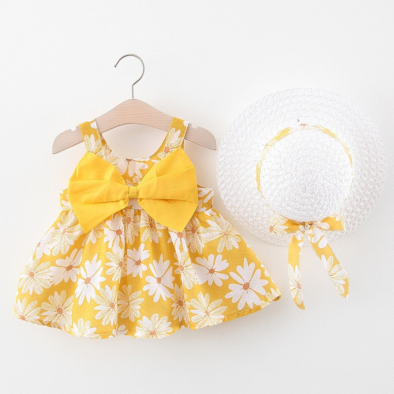 Summer Baby Girls Floral Sleeveless Dresses with Sunhat Set