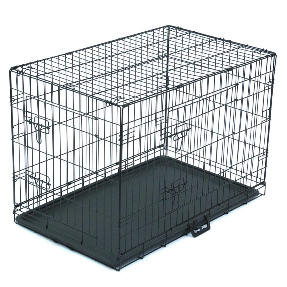 Sturdy Black Folding Steel Dog Crate with Double Doors and Divider