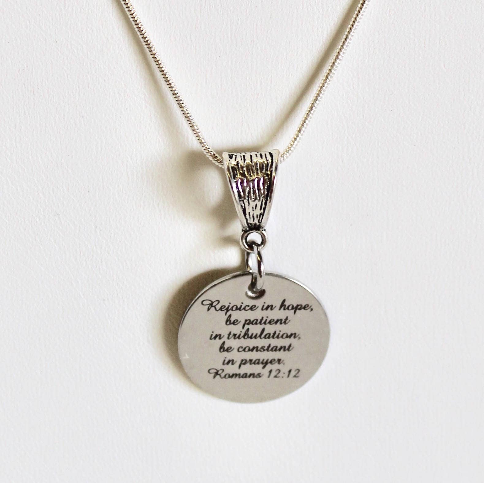 Stainless Steel Engraved Romans 12:12 Pendant Necklace, Christian Jewelry