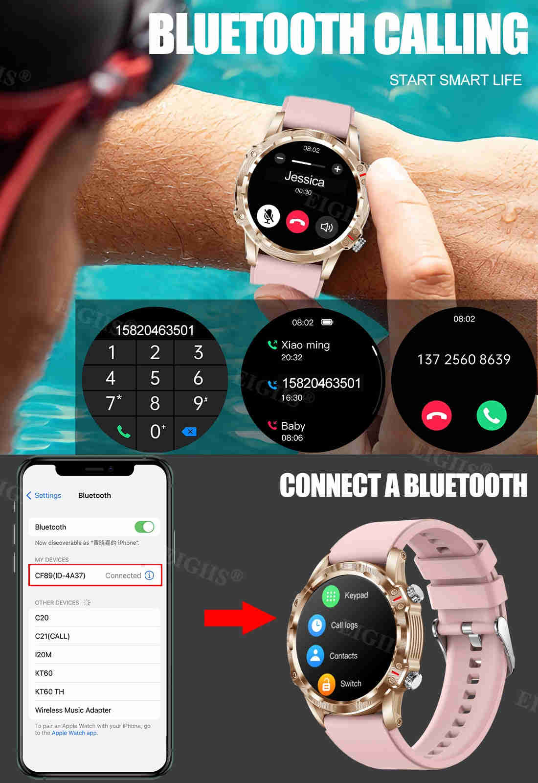 Smart Watch CF89 - 1.32" Full Touch Screen Sports Smartwatch with Heart Rate & Blood Pressure Monitor