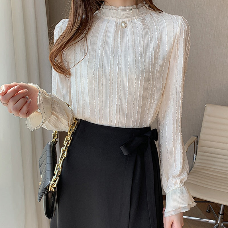 Midweight Long Sleeve Chiffon Stand Collar Blouse for Women