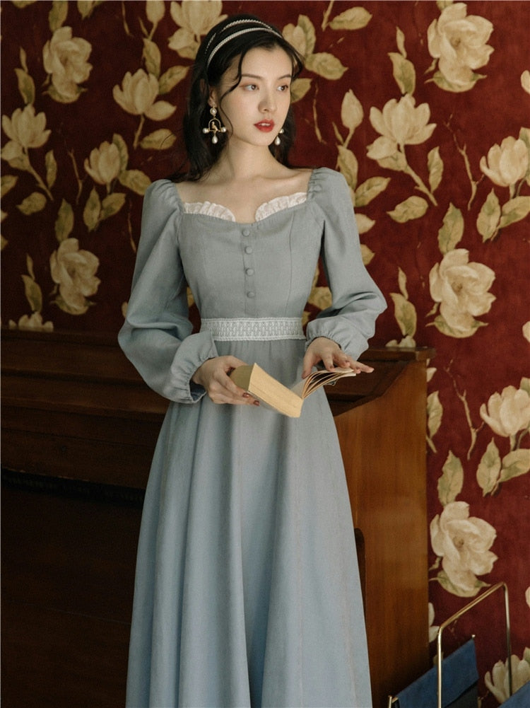 Kukombo Elegant Vintage Puff Sleeve Midi Dress