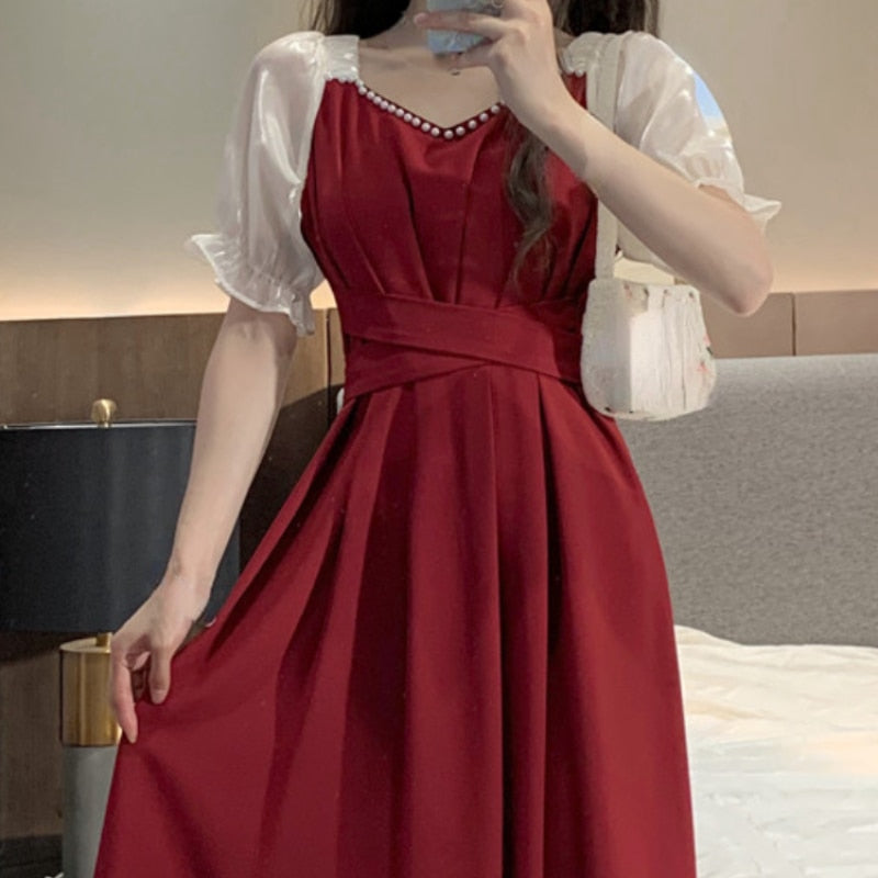Elegant French Vintage Midi Dress with Puff Sleeves for Summer 2022