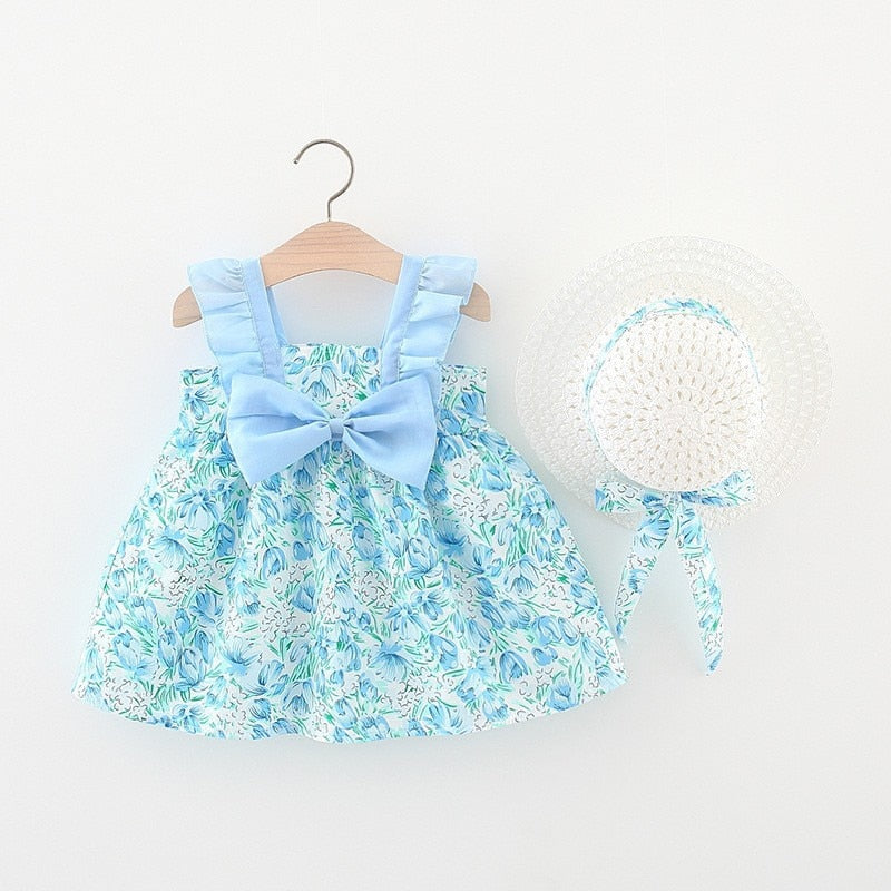 Summer Baby Girls Floral Sleeveless Dresses with Sunhat Set