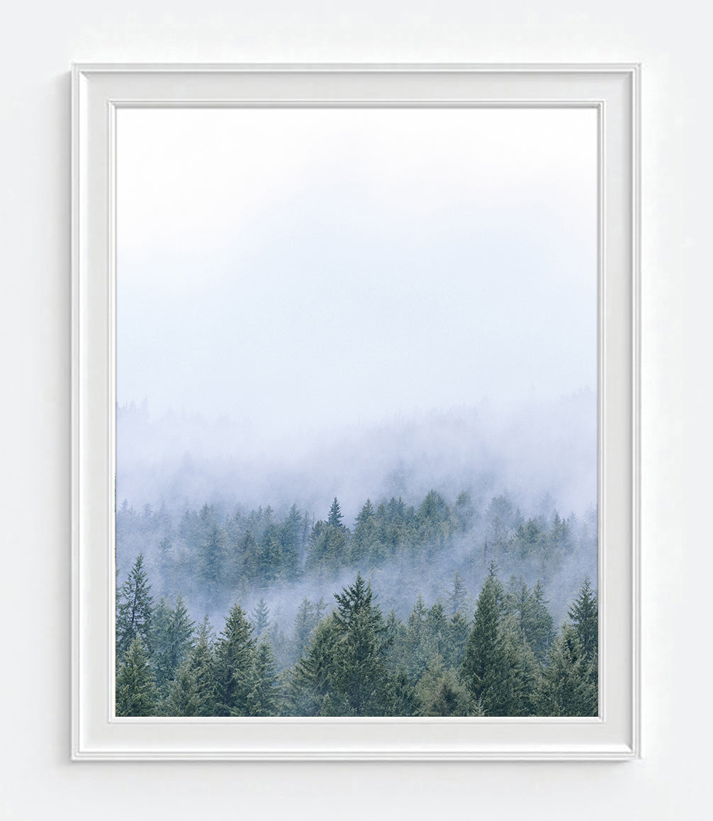 Ethereal Foggy Forest and Mountain Landscape Art Prints, Pair