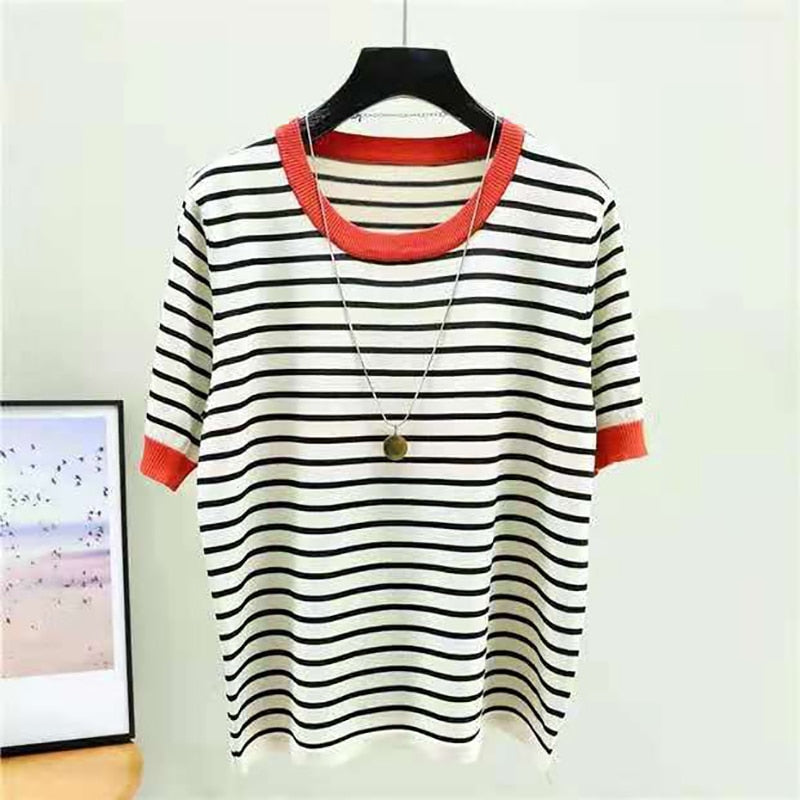 Elegant Striped Gauze T-Shirt for Women