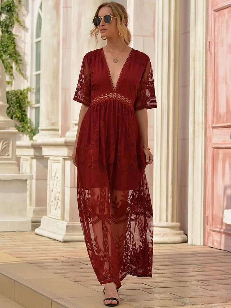 Summer 2023 Boho Women's Embroidered White Lace Maxi Dress