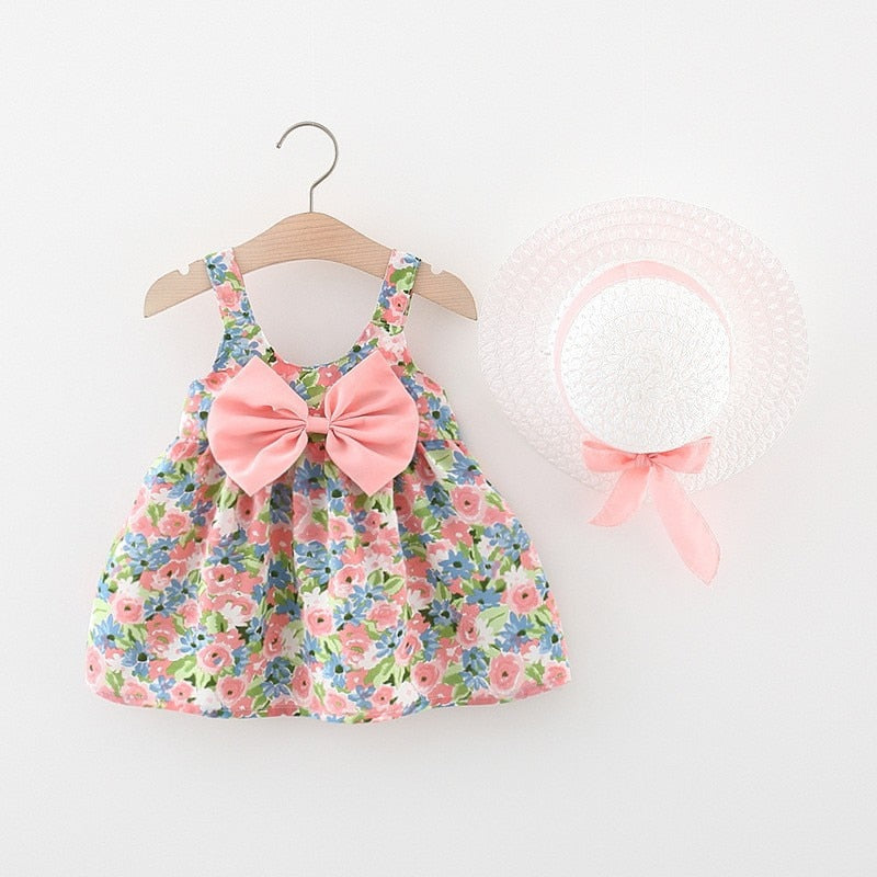 Summer Baby Girls Floral Sleeveless Dresses with Sunhat Set