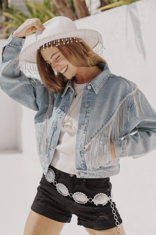 Stylish Denim Fringe Jacket with Rhinestone Embellishments