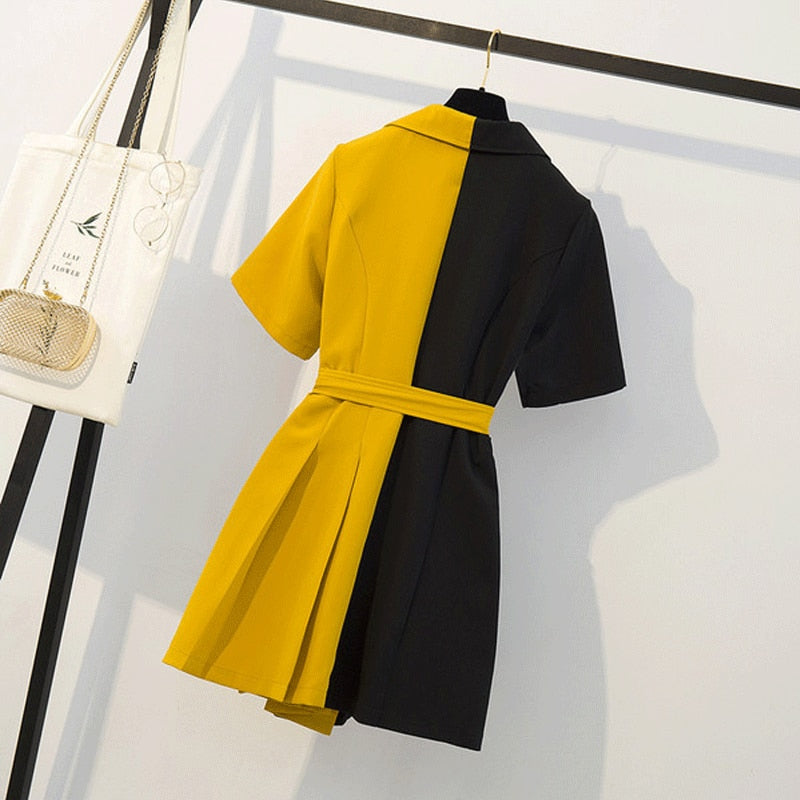 Stylish Summer Women's Mini Dress 2022, Yellow & Black Patchwork Casual Shirt Style