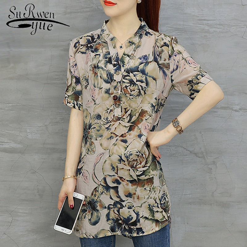 Stylish Chiffon Women's V-Neck Blouse with Short Sleeves