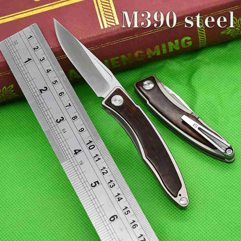 CR Serpentine Wood Handle Folding Knife, M390 Steel Blade, Mini Outdoor EDC Camp Gadget with Leather Case
