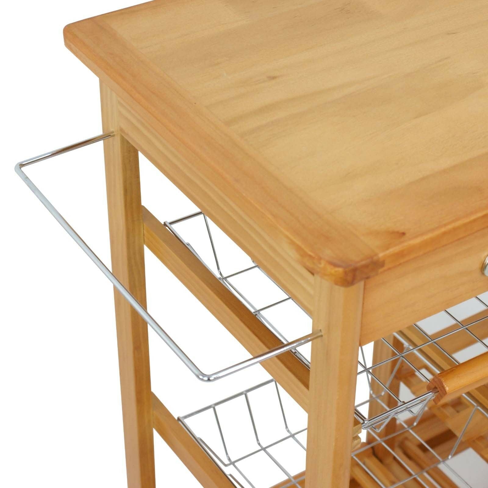Pine Wood Rolling Kitchen Trolley with Storage Drawers and Bottle Rack