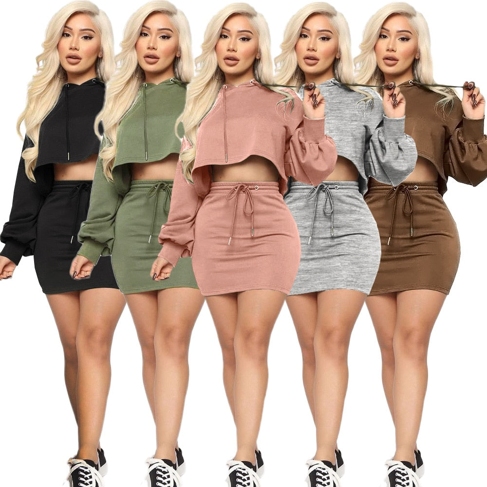 Women's Autumn Hooded Sweater & Mini Skirt Set