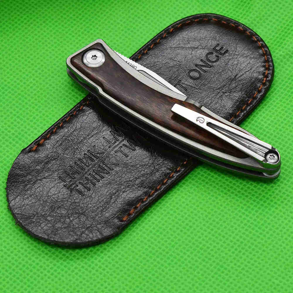 CR Serpentine Wood Handle Folding Knife, M390 Steel Blade, Mini Outdoor EDC Camp Gadget with Leather Case