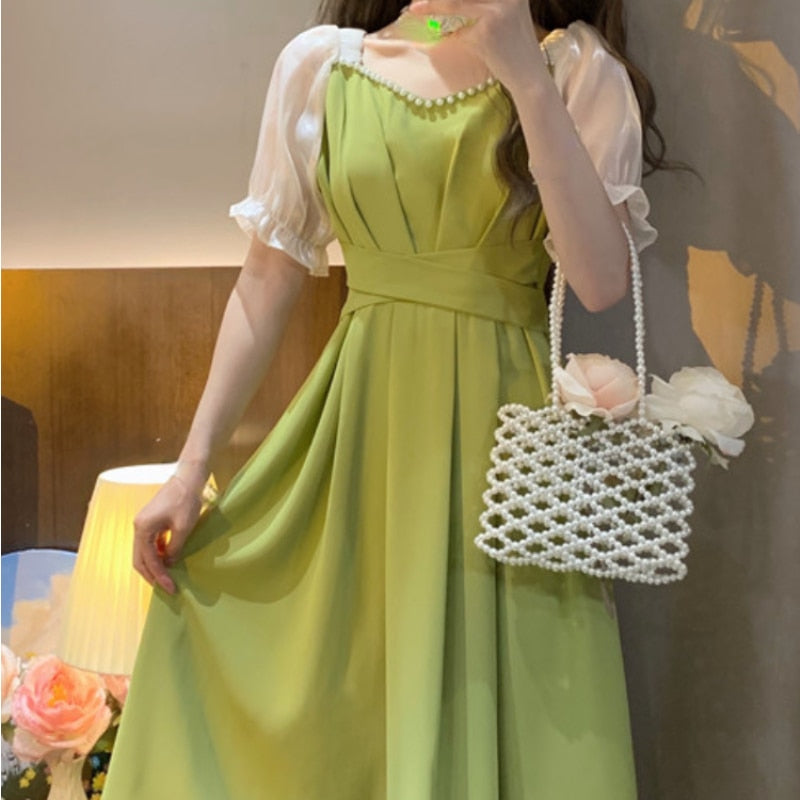 Elegant French Vintage Midi Dress with Puff Sleeves for Summer 2022