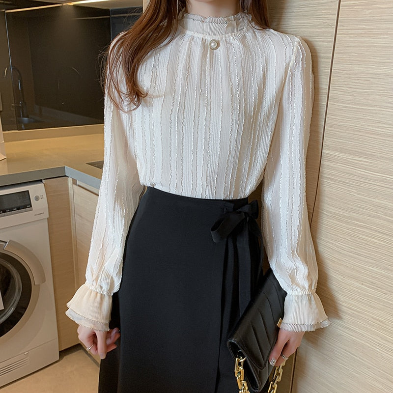 Midweight Long Sleeve Chiffon Stand Collar Blouse for Women