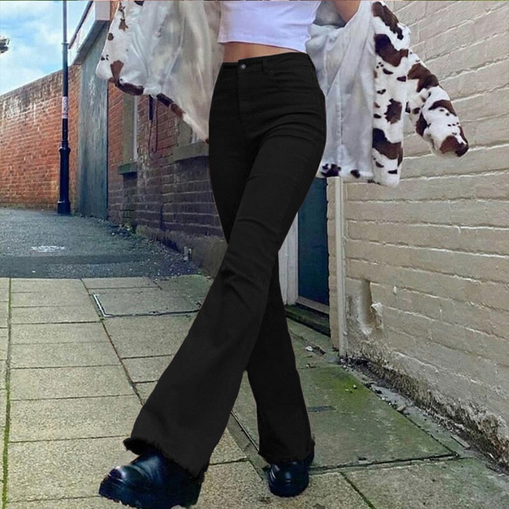 Women's High-Waist Flared Jeans in Khaki, Black, and Brown