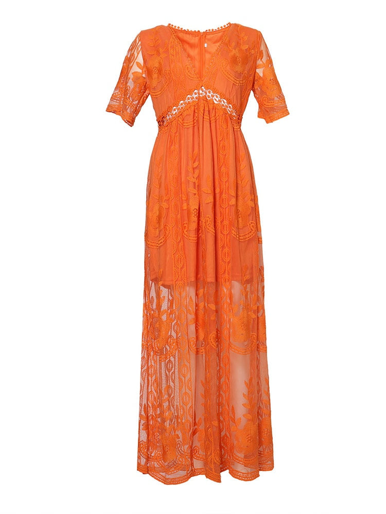 Summer 2023 Boho Women's Embroidered White Lace Maxi Dress