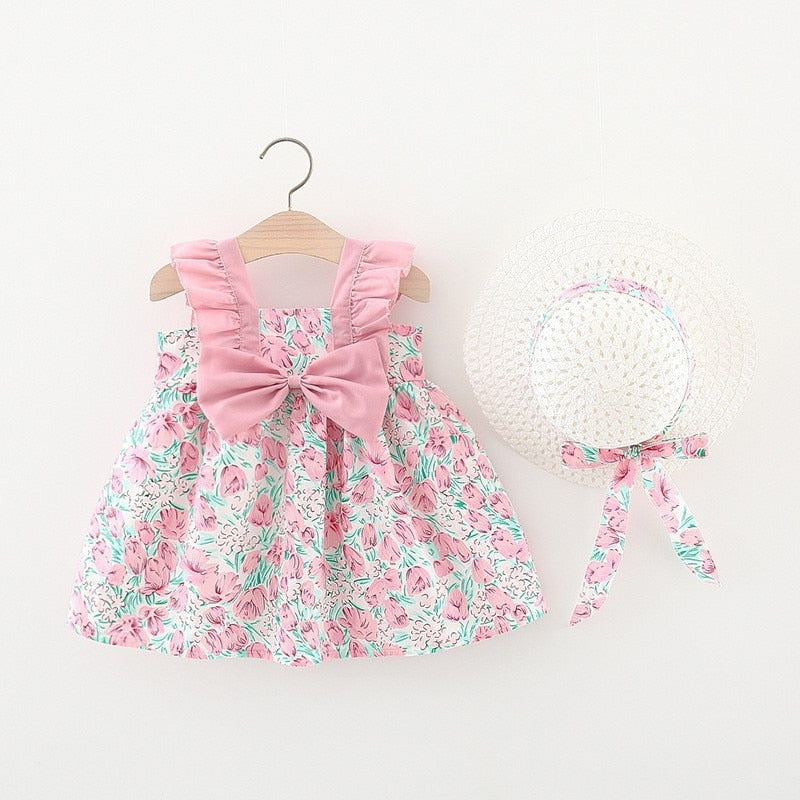 Summer Baby Girls Floral Sleeveless Dresses with Sunhat Set