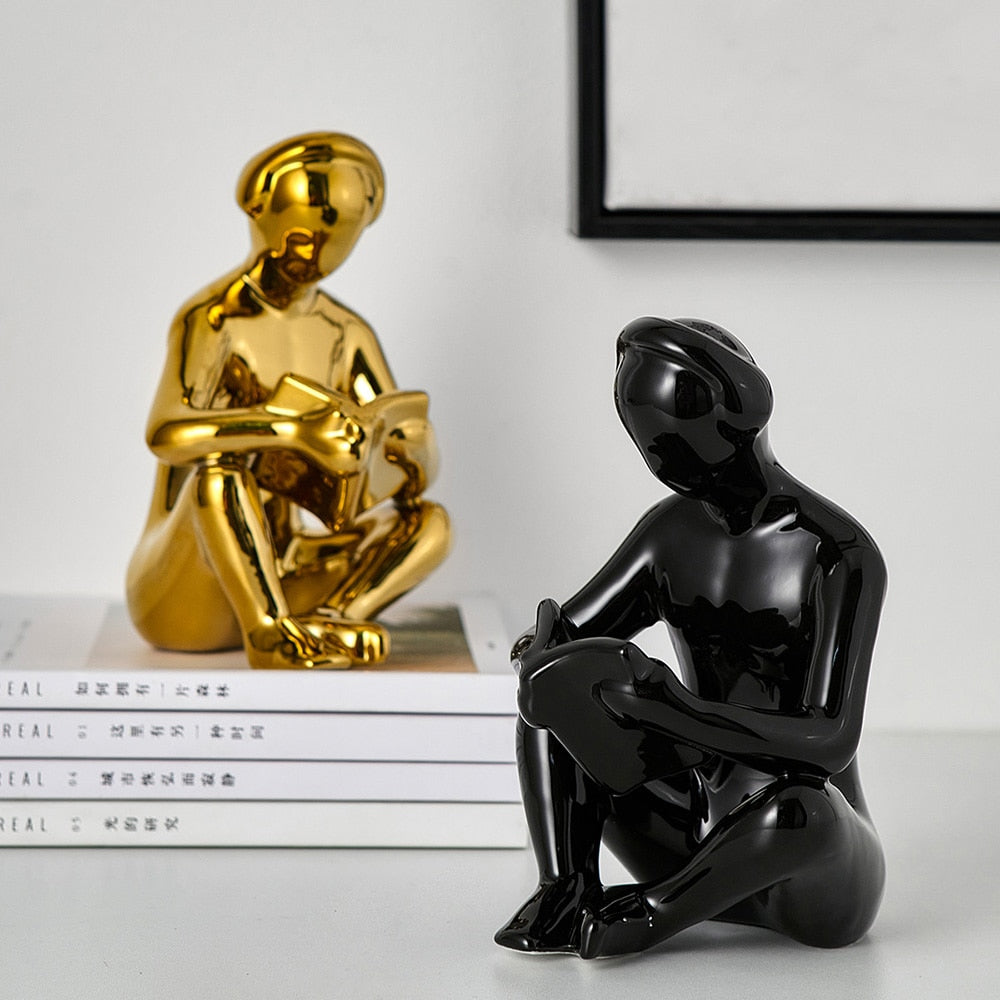 Elegant Reading with Headphones Ceramic Statue