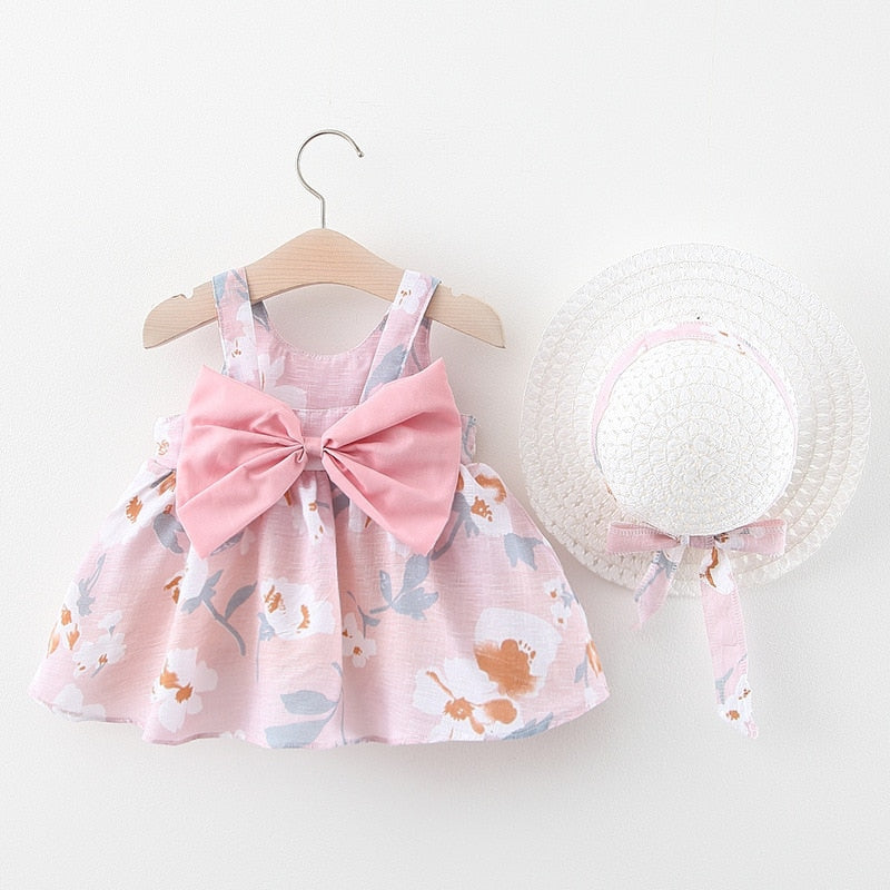 Summer Baby Girls Floral Sleeveless Dresses with Sunhat Set