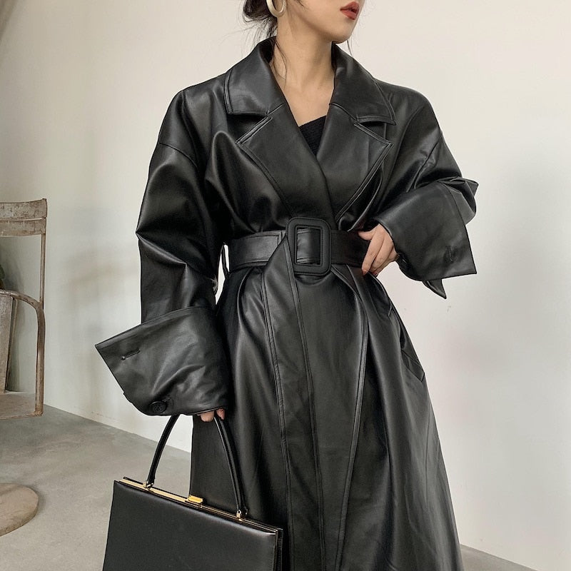 Lautaro Women's Oversized Leather Trench Coat - Long Sleeve, Belted, Fall Fashion