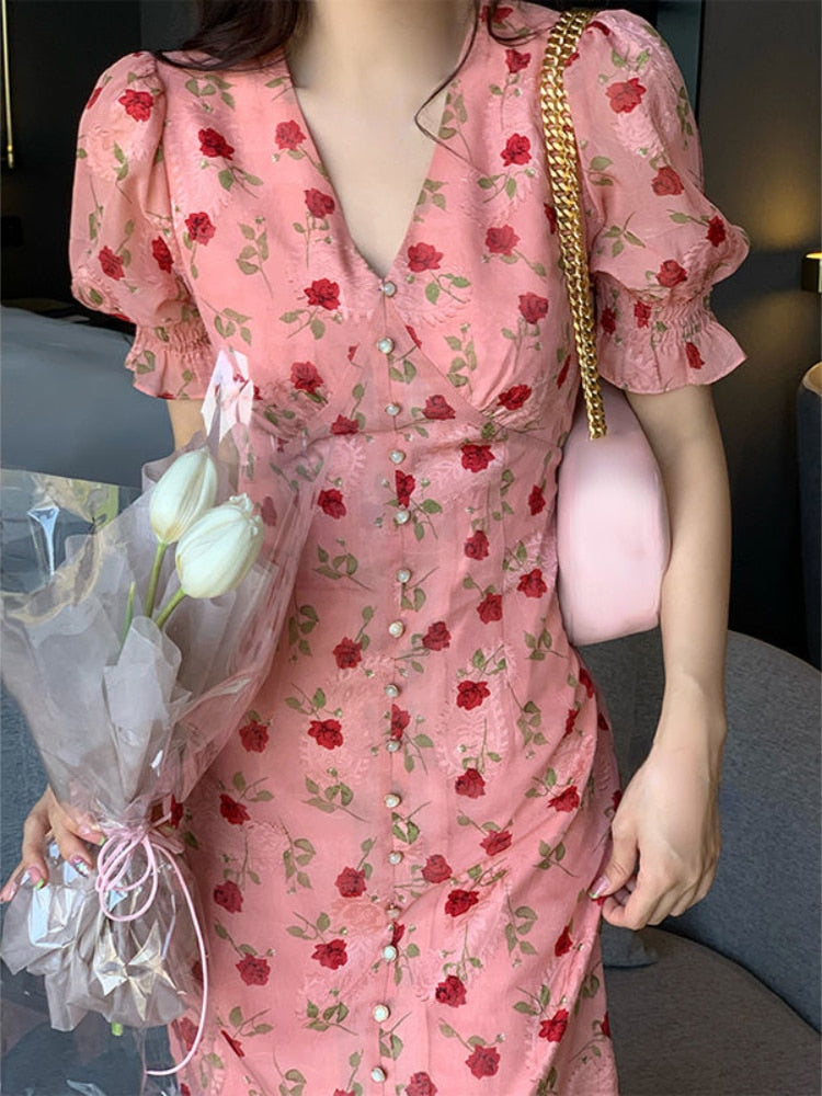 Elegant Floral Vintage Midi Dress for Women - Chic, Casual, and Perfect for Summer 2023