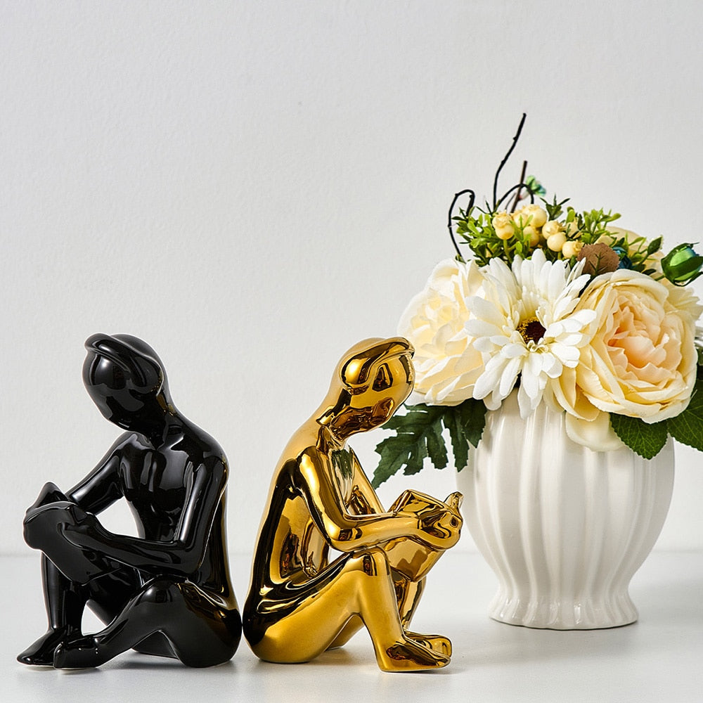Elegant Reading with Headphones Ceramic Statue