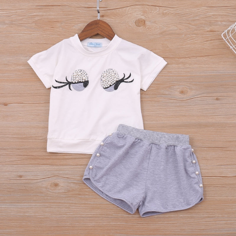 Stylish Summer Girl's Clothing Set with Bubble Sleeve Top and Denim Shorts
