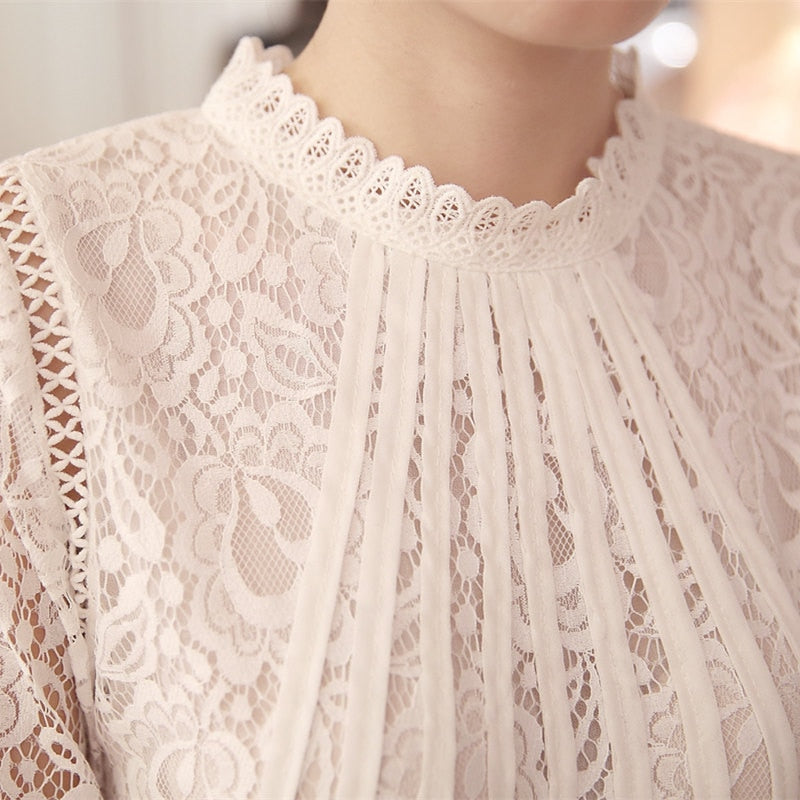Elegant White Chiffon Lace Crochet Blouse for Women