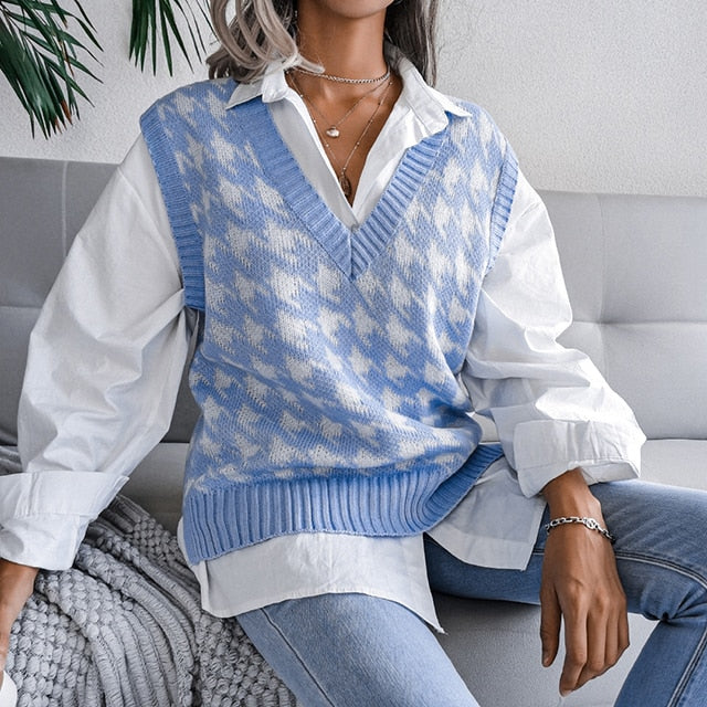 Stylish Women's Houndstooth Knitted Sweater Vest
