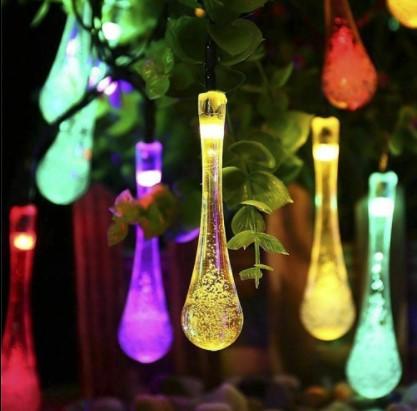 Solar-Powered Multi-Color Raindrop String Lights