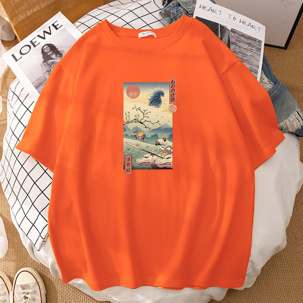 Epic Wolf Princess Ukiyo-e Graphic Tee - Men's Short Sleeve Casual T-Shirt