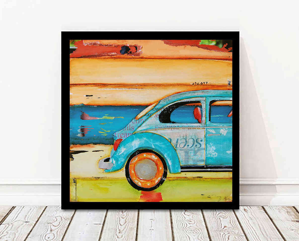 Volkswagen Bug Beach Art - Mixed Media Collage Print by Danny Phillips