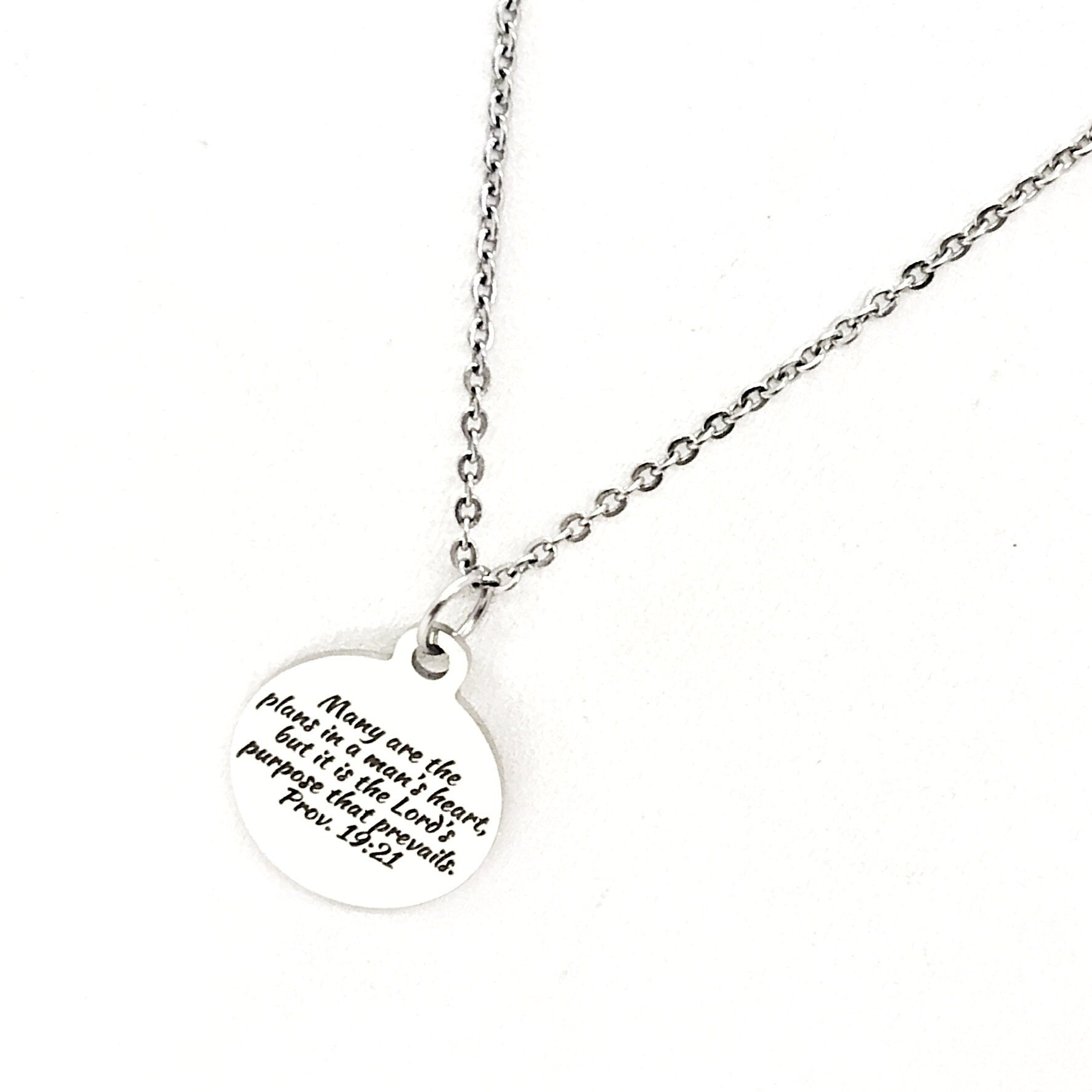 Stainless Steel Proverbs 19:21 Scripture Necklace, The Lord's Purpose Prevails