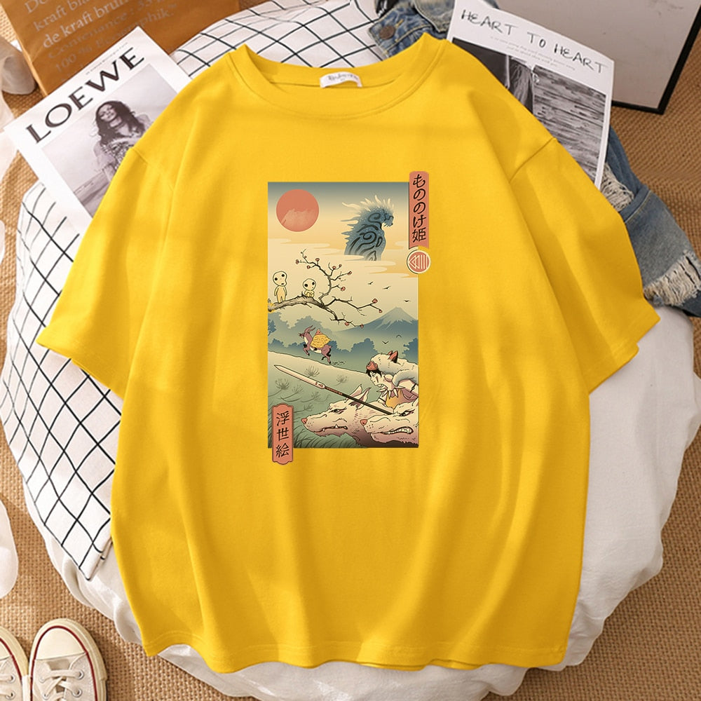 Epic Wolf Princess Ukiyo-e Graphic Tee - Men's Short Sleeve Casual T-Shirt
