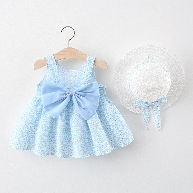 Summer Baby Girls Floral Sleeveless Dresses with Sunhat Set