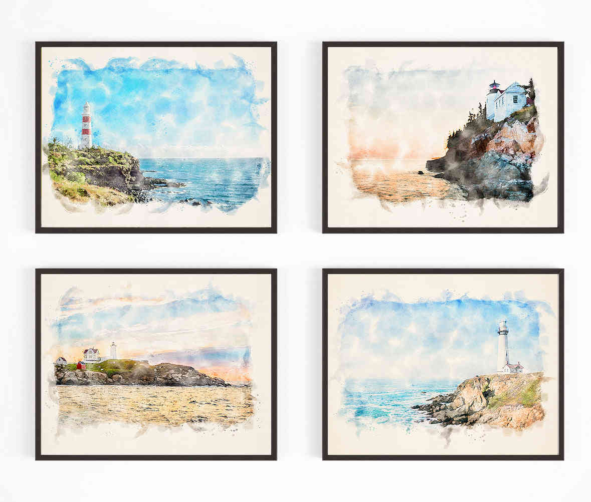 Elegant Lighthouse Art Prints, Set of 4
