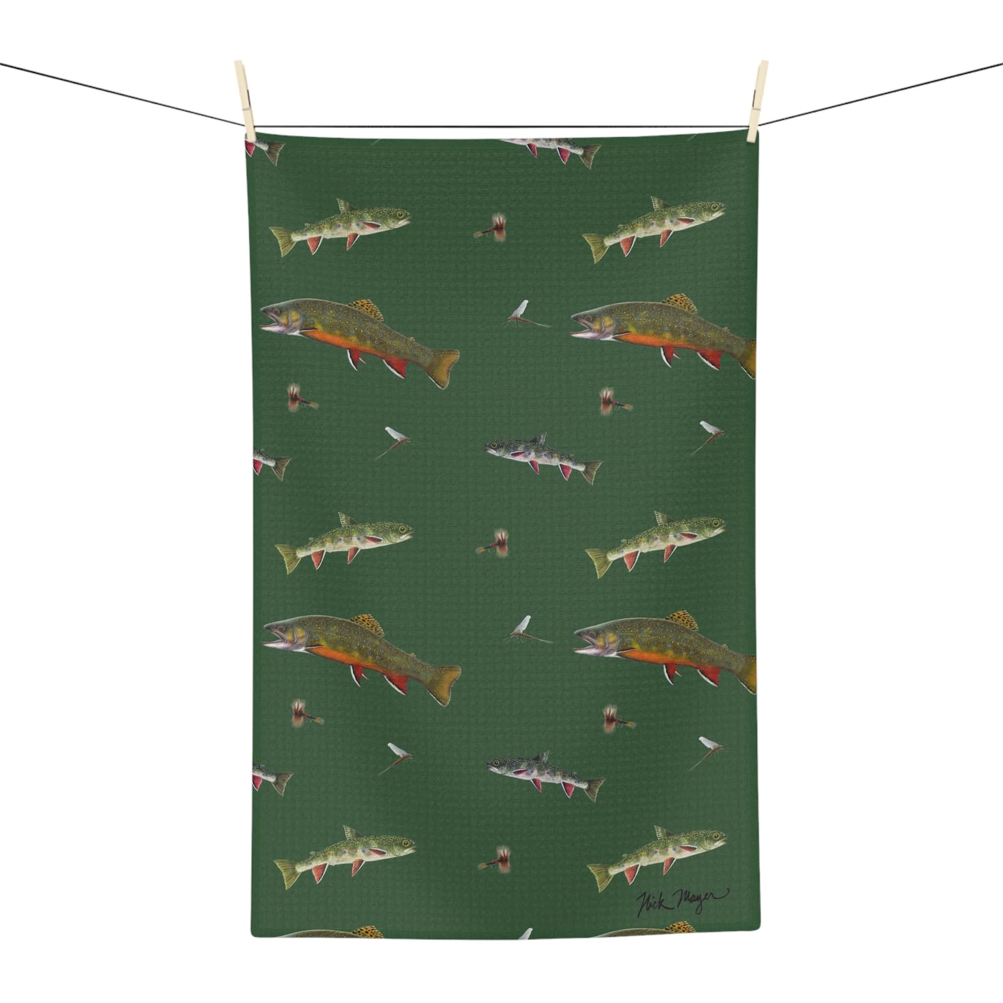 Vibrant Brook Trout and Flies Kitchen Towel