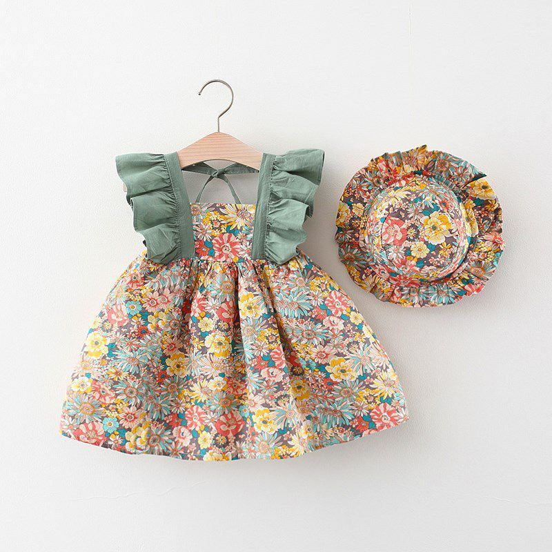 Summer Baby Girls Floral Sleeveless Dresses with Sunhat Set