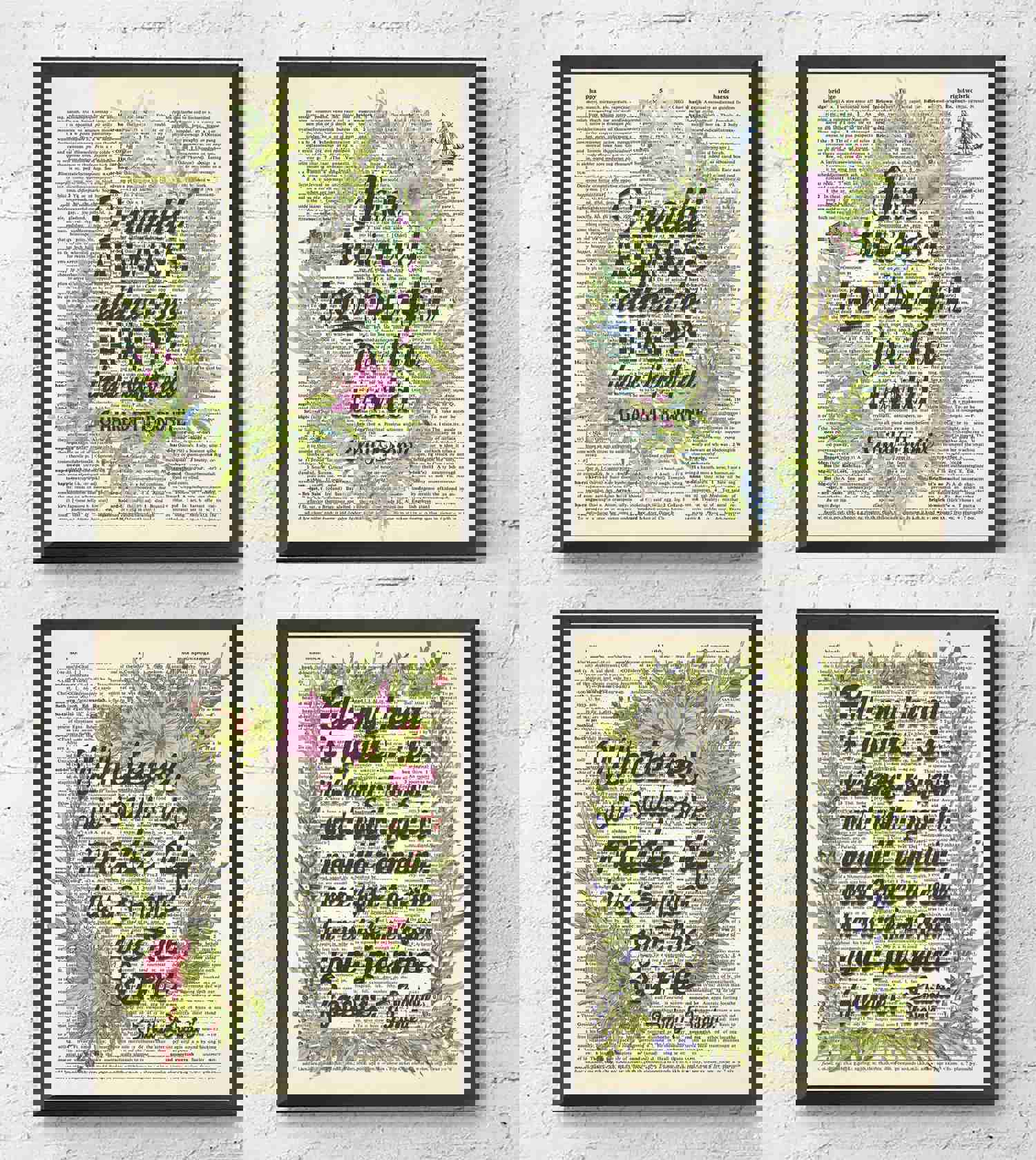 Bronte Sisters Quotes - 4-Piece Floral Vintage Dictionary Art Print Set