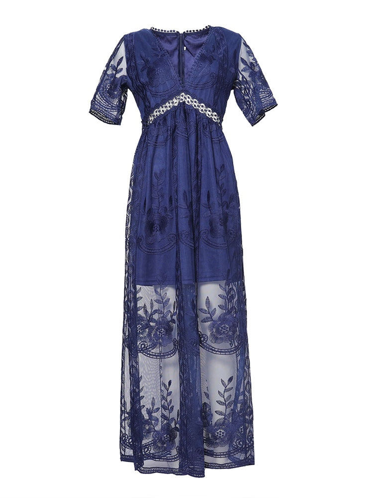 Summer 2023 Boho Women's Embroidered White Lace Maxi Dress