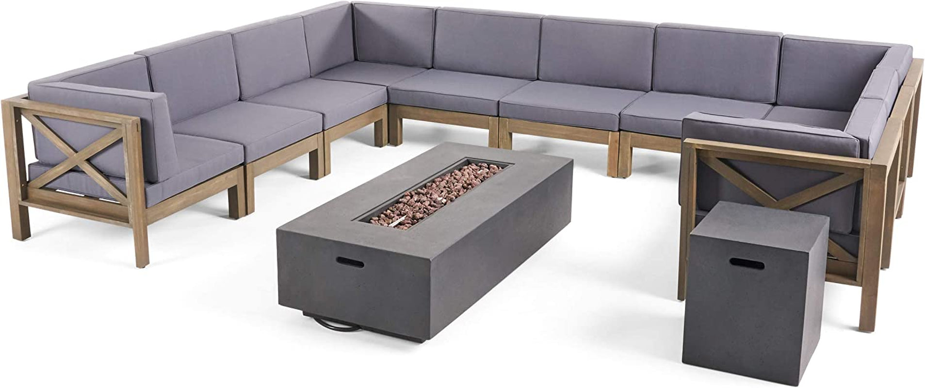 Luxury Outdoor Living: Cytheria 10-Piece Acacia Wood Sectional Sofa Set with Fire Pit