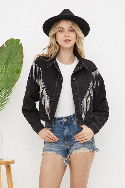 Stylish Denim Fringe Jacket with Rhinestone Embellishments