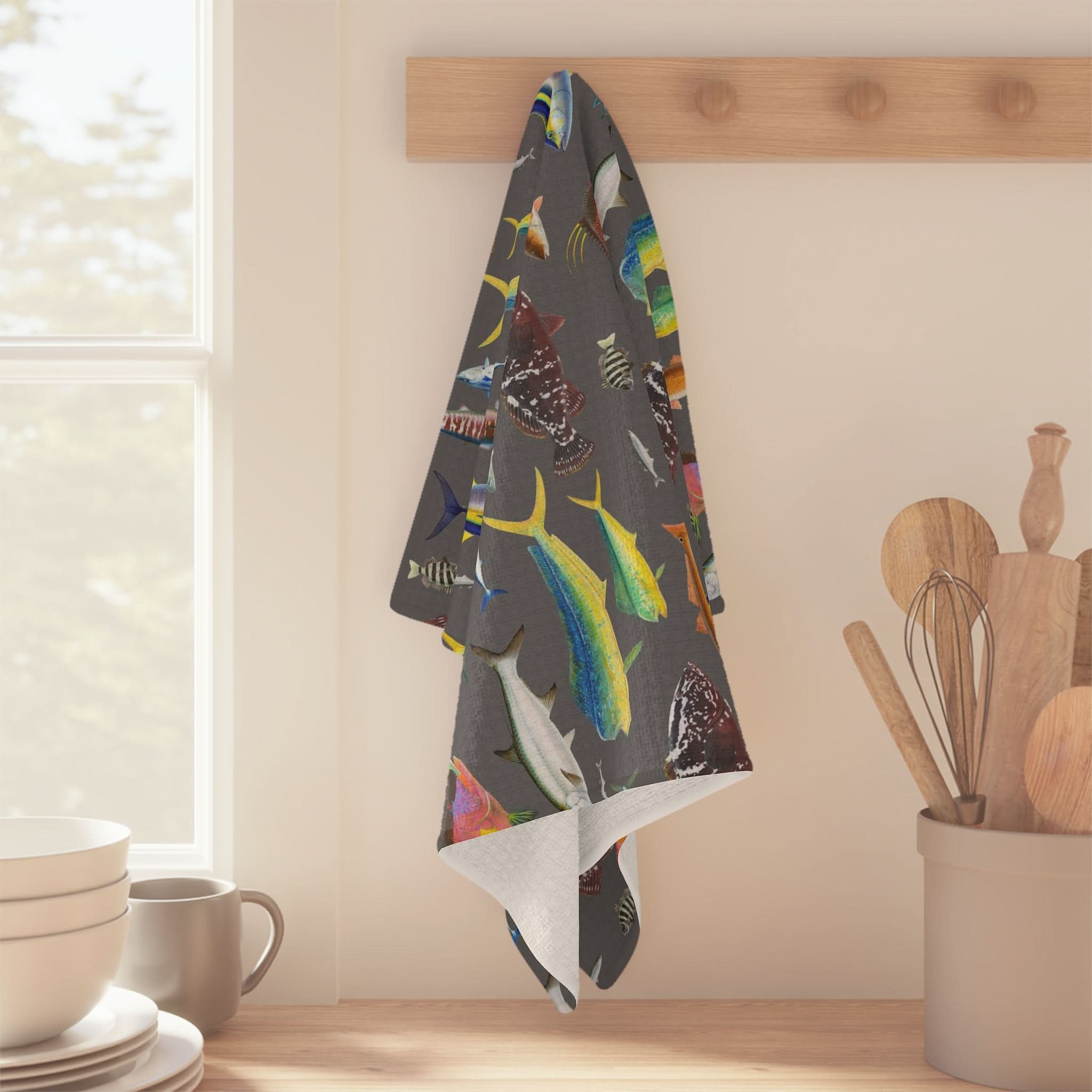 Vibrant Southern Offshore Fish Grey Soft Kitchen Towel