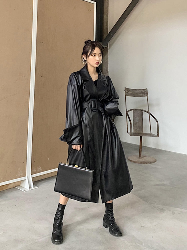 Lautaro Women's Oversized Leather Trench Coat - Long Sleeve, Belted, Fall Fashion