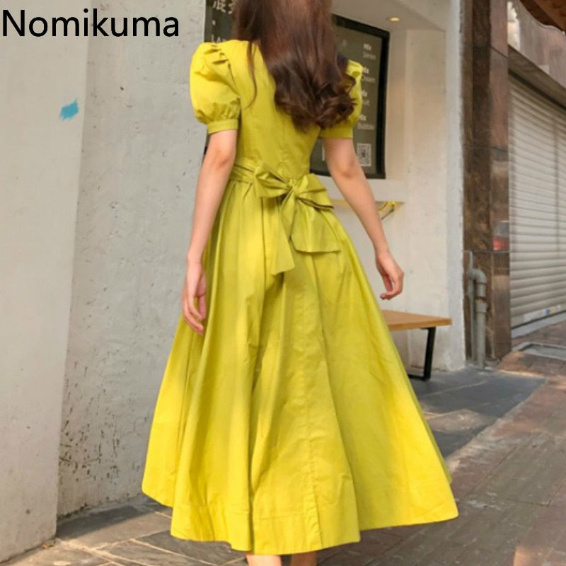 Elegant Puff Sleeve Party Dress with Big Bow