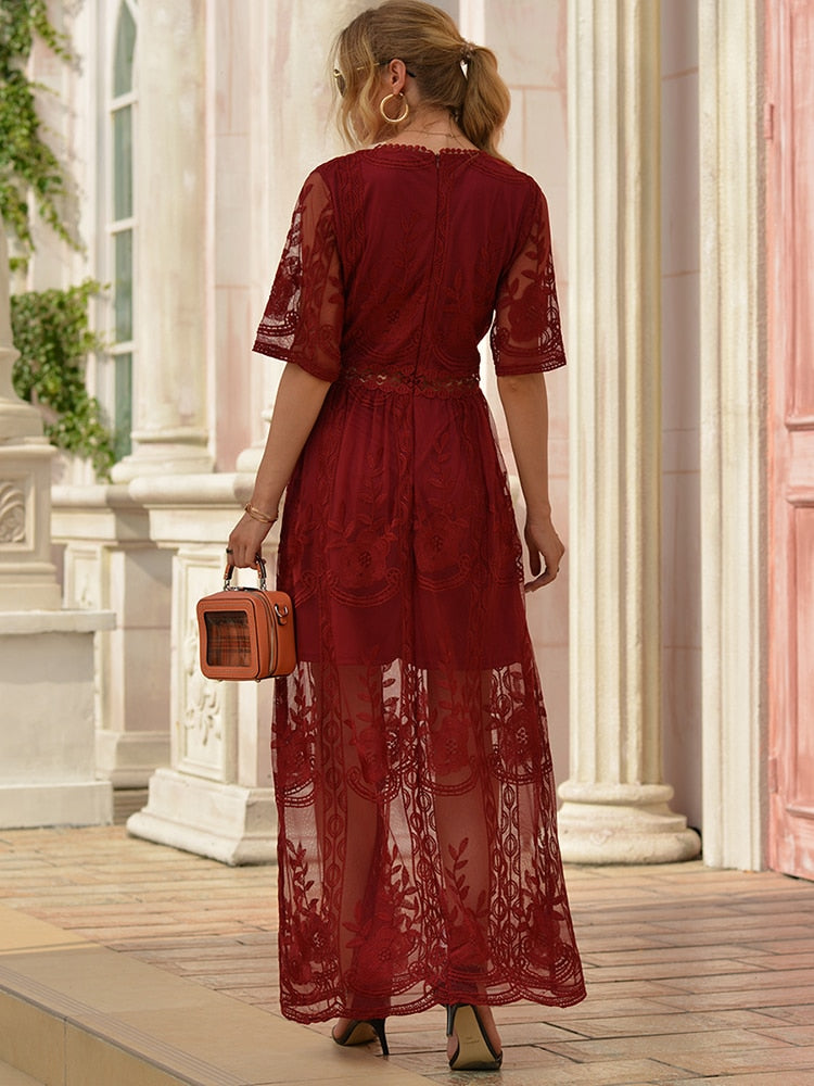 Summer 2023 Boho Women's Embroidered White Lace Maxi Dress